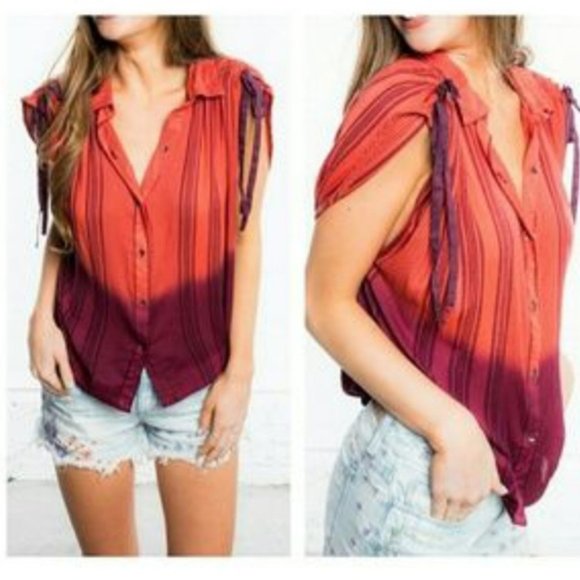 FREE PEOPLE Coral Ombre Baby Blues Tie Shoulder Top Size Small - Picture 6 of 6